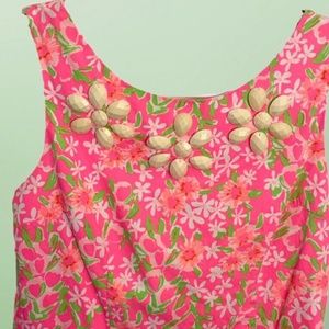 Lilly Pulitzer Girls Summer Pink & Green Shift Dress Sz 12 Floral Bead Trim EUC